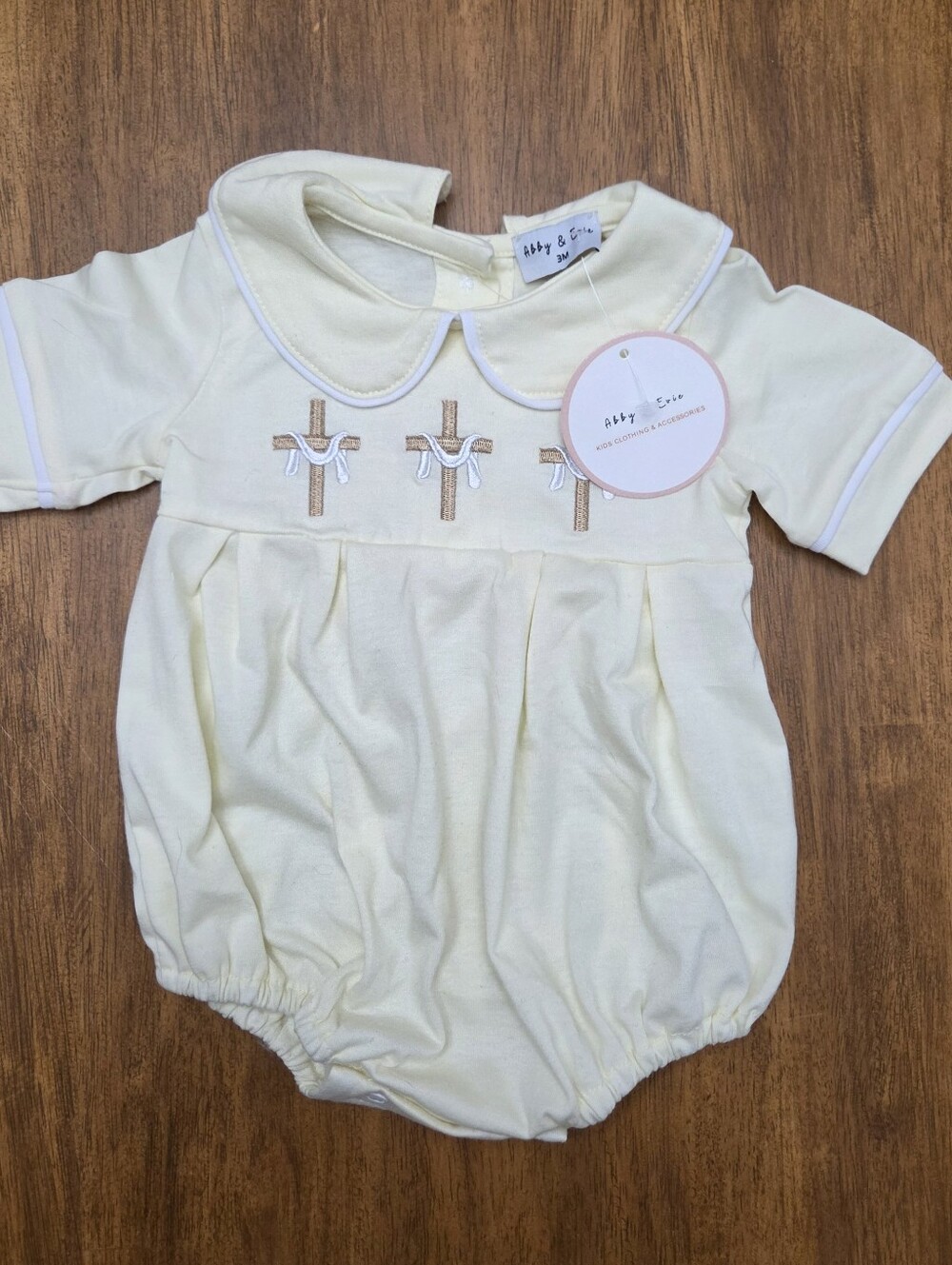 NWT Abby & Evie Yellow One Piece With Embroidered 3 Crosses, 3 Month